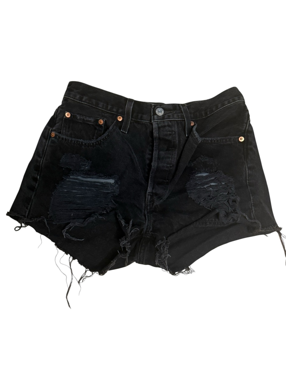 Levi's 501 Button Fly Black Distressed Denim Jean Shorts Size 28